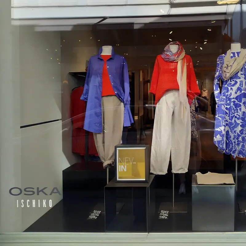 Fashion display featuring colorful women's clothing